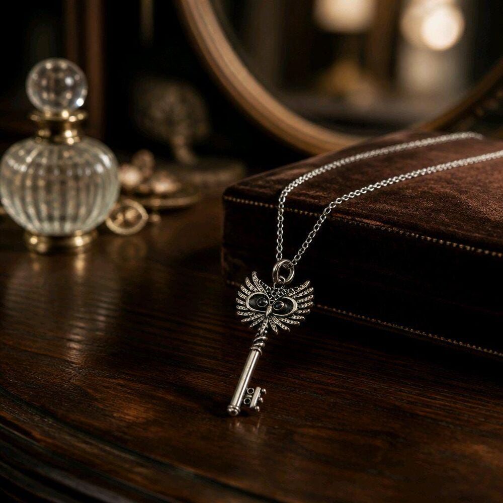 Antiqued Owl Head Feathered Wing Silver Skeleton Key Pendant Necklace